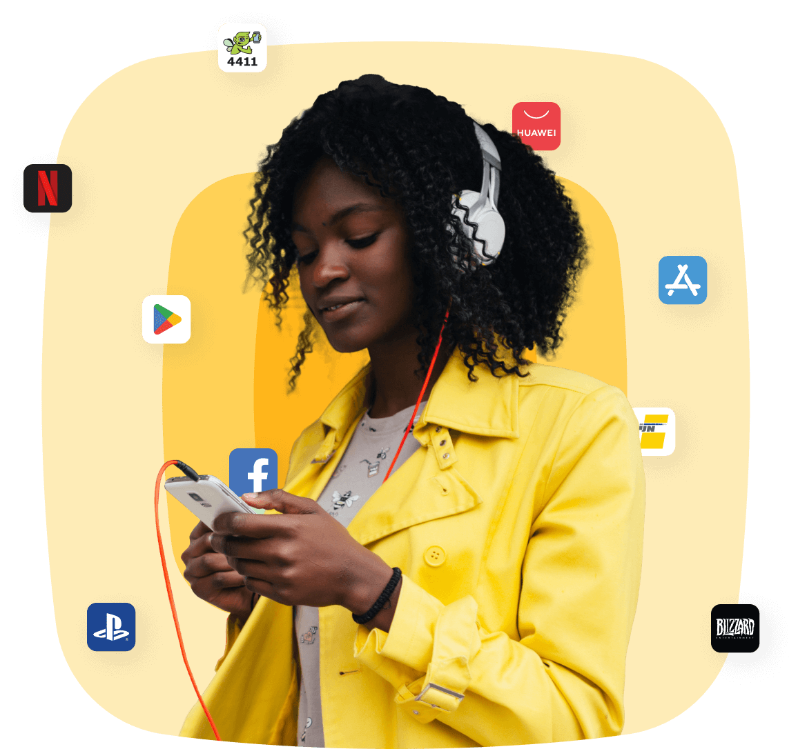 Vrouw omringd door app-icoontjes waarin je Telenet Pay kunt gebruiken